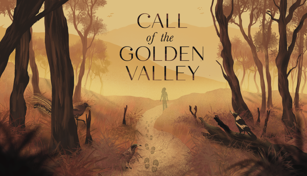 Call of the Golden Valley: A foggy, golden forest with a shadowy figure disappearing into the distance.